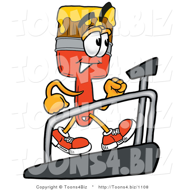 Illustration of a Cartoon Paint Brush Mascot Walking on a Treadmill in a Fitness Gym