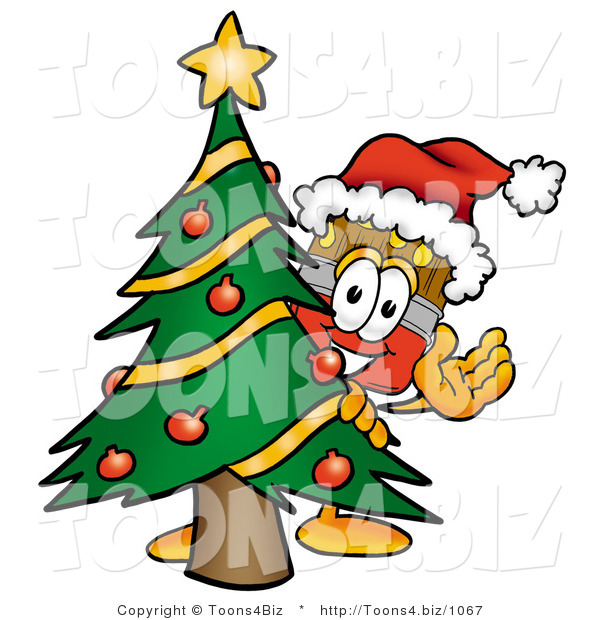 Illustration of a Cartoon Paint Brush Mascot Waving and Standing by a Decorated Christmas Tree