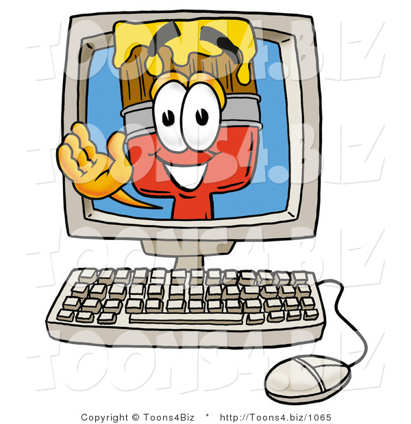 Illustration of a Cartoon Paint Brush Mascot Waving from Inside a Computer Screen