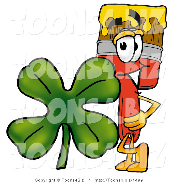 Illustration of a Cartoon Paint Brush Mascot with a Green Four Leaf Clover on St Paddy's or St Patricks Day