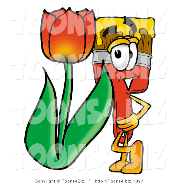 Illustration of a Cartoon Paint Brush Mascot with a Red Tulip Flower in the Spring