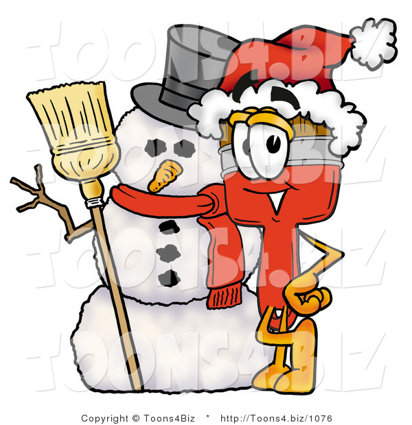 Illustration of a Cartoon Paint Brush Mascot with a Snowman on Christmas