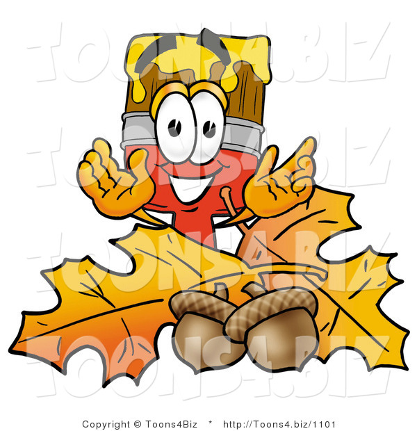 Illustration of a Cartoon Paint Brush Mascot with Autumn Leaves and Acorns in the Fall
