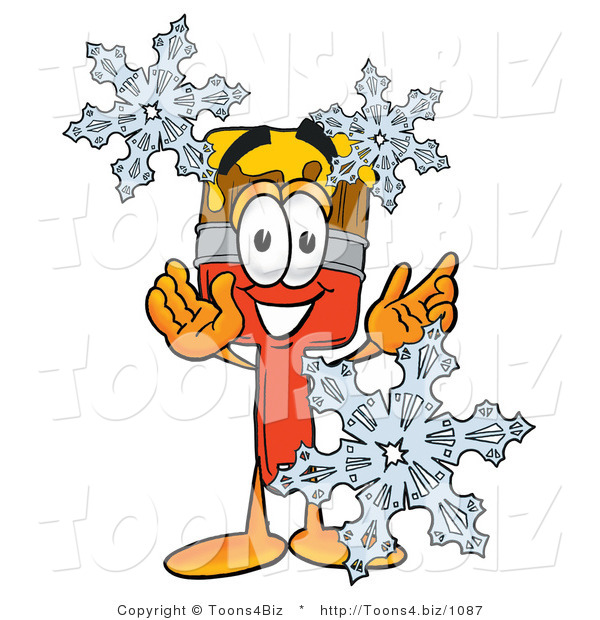 Illustration of a Cartoon Paint Brush Mascot with Three Snowflakes in Winter