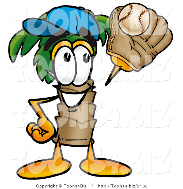 Illustration of a Cartoon Palm Tree Mascot Catching a Baseball with a Glove