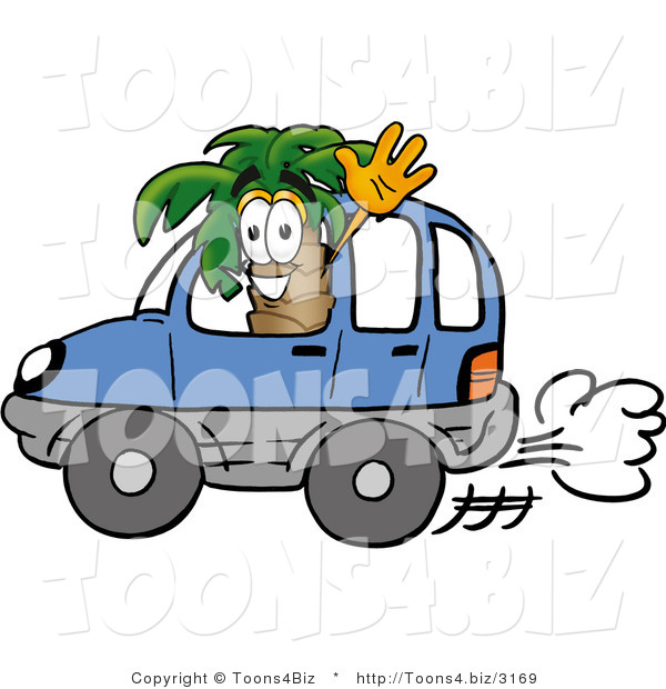 Illustration of a Cartoon Palm Tree Mascot Driving a Blue Car and Waving