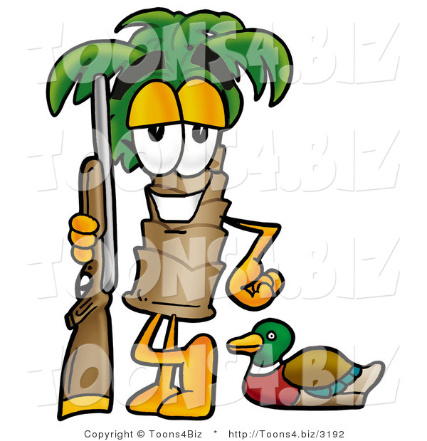 Illustration of a Cartoon Palm Tree Mascot Duck Hunting, Standing with a Rifle and Duck