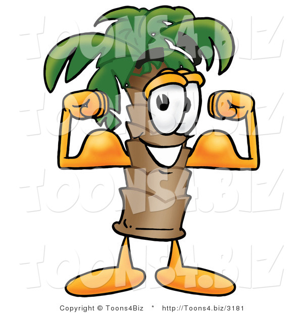 Illustration of a Cartoon Palm Tree Mascot Flexing His Arm Muscles