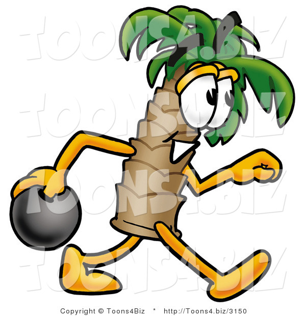 Illustration of a Cartoon Palm Tree Mascot Holding a Bowling Ball