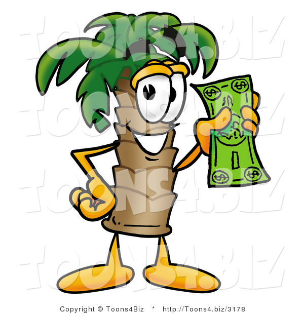Illustration of a Cartoon Palm Tree Mascot Holding a Dollar Bill