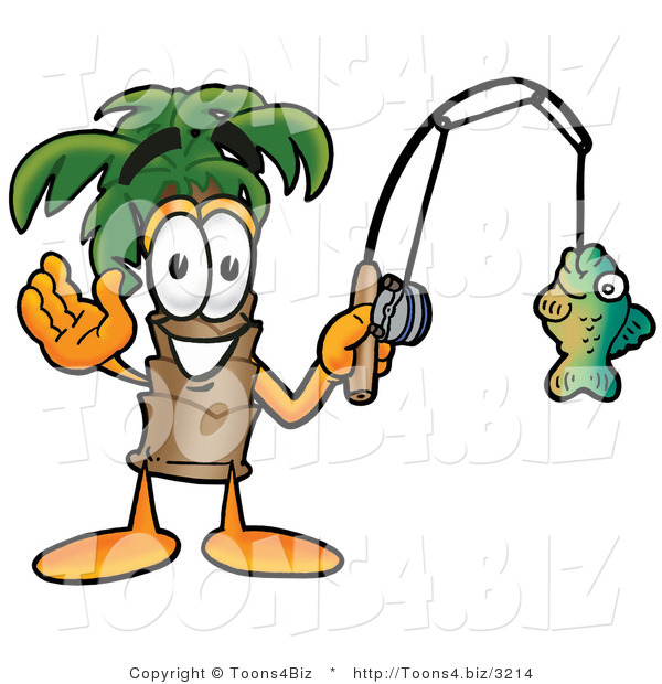 Illustration of a Cartoon Palm Tree Mascot Holding a Fish on a Fishing Pole