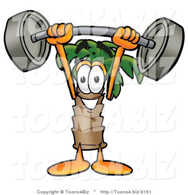 Illustration of a Cartoon Palm Tree Mascot Holding a Heavy Barbell Above His Head