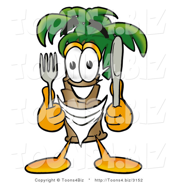 Illustration of a Cartoon Palm Tree Mascot Holding a Knife and Fork