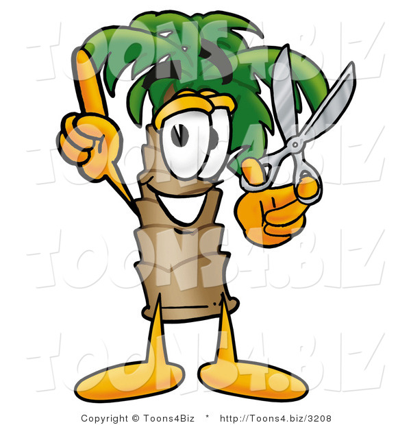 Illustration of a Cartoon Palm Tree Mascot Holding a Pair of Scissors