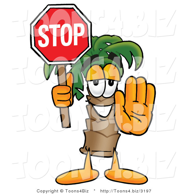 Illustration of a Cartoon Palm Tree Mascot Holding a Stop Sign