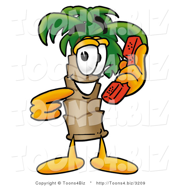 Illustration of a Cartoon Palm Tree Mascot Holding a Telephone