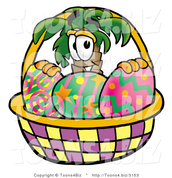 Illustration of a Cartoon Palm Tree Mascot in an Easter Basket Full of Decorated Easter Eggs