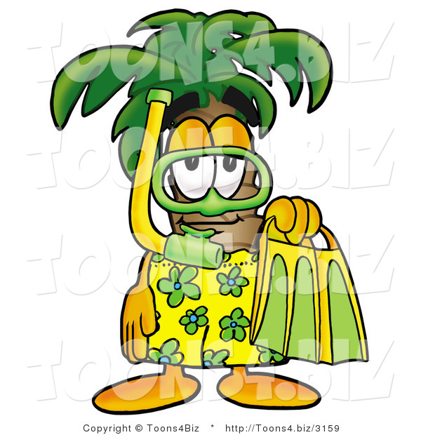 Illustration of a Cartoon Palm Tree Mascot in Green and Yellow Snorkel Gear