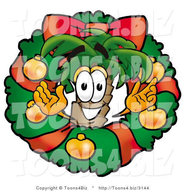 Illustration of a Cartoon Palm Tree Mascot in the Center of a Christmas Wreath