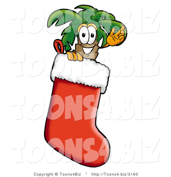 Illustration of a Cartoon Palm Tree Mascot Inside a Red Christmas Stocking