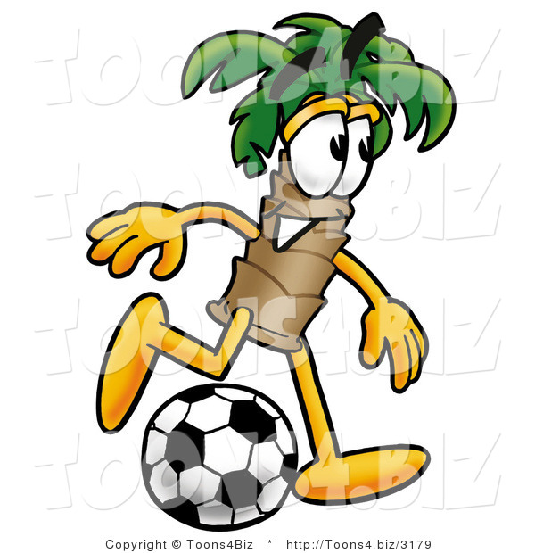 Illustration of a Cartoon Palm Tree Mascot Kicking a Soccer Ball
