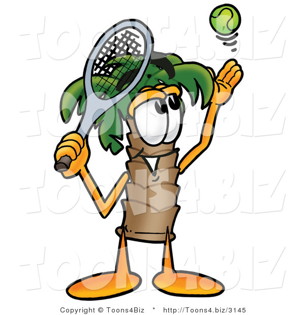 Illustration of a Cartoon Palm Tree Mascot Preparing to Hit a Tennis Ball