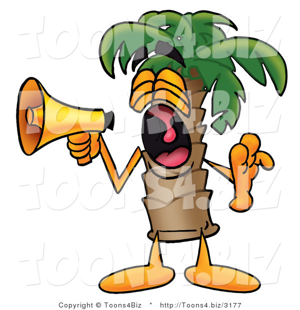 Illustration of a Cartoon Palm Tree Mascot Screaming into a Megaphone