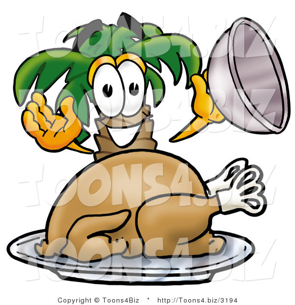 Illustration of a Cartoon Palm Tree Mascot Serving a Thanksgiving Turkey on a Platter