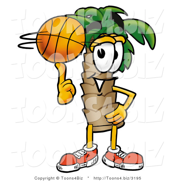 Illustration of a Cartoon Palm Tree Mascot Spinning a Basketball on His Finger