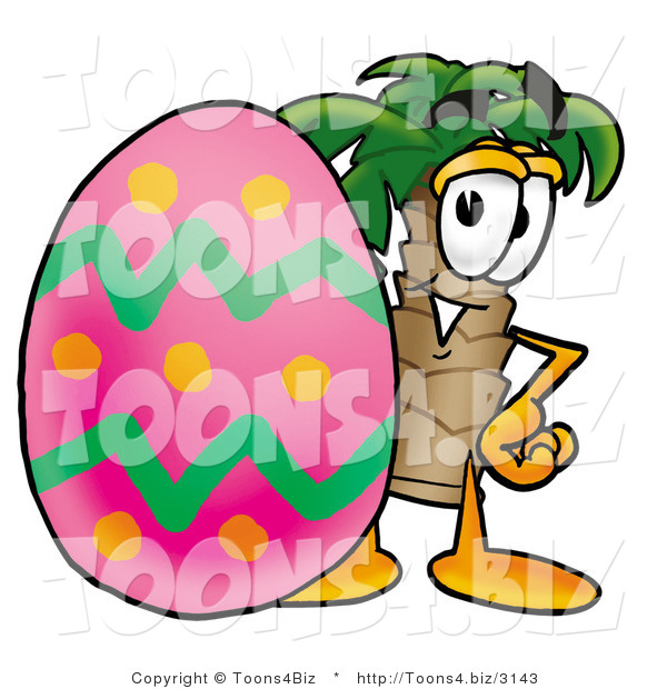Illustration of a Cartoon Palm Tree Mascot Standing Beside an Easter Egg