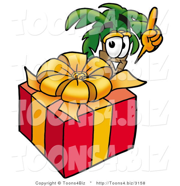 Illustration of a Cartoon Palm Tree Mascot Standing by a Christmas Present