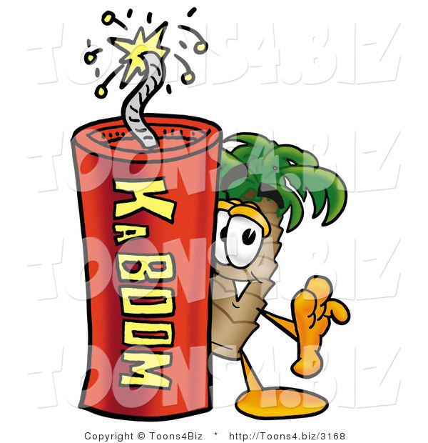 Illustration of a Cartoon Palm Tree Mascot Standing with a Lit Stick of Dynamite