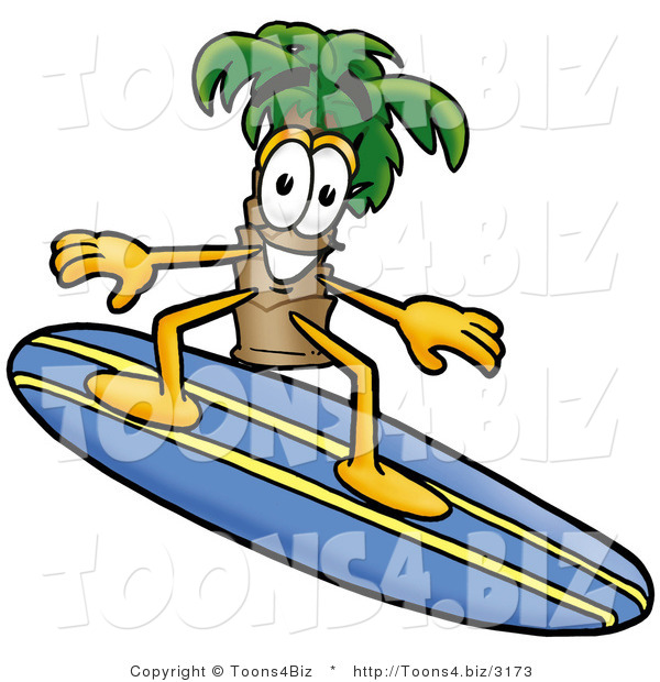 Illustration of a Cartoon Palm Tree Mascot Surfing on a Blue and Yellow Surfboard
