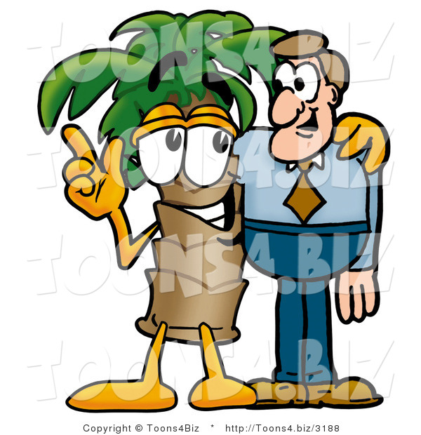 Illustration of a Cartoon Palm Tree Mascot Talking to a Business Man