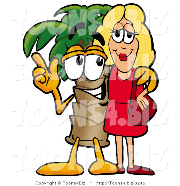 Illustration of a Cartoon Palm Tree Mascot Talking to a Pretty Blond Woman