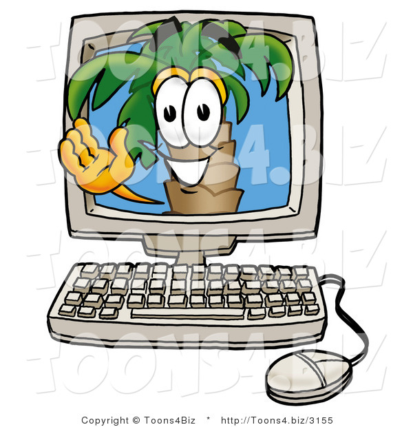 Illustration of a Cartoon Palm Tree Mascot Waving from Inside a Computer Screen