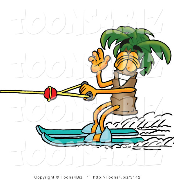 Illustration of a Cartoon Palm Tree Mascot Waving While Water Skiing