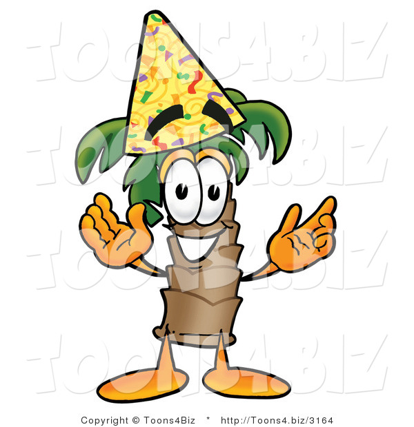 Illustration of a Cartoon Palm Tree Mascot Wearing a Birthday Party Hat