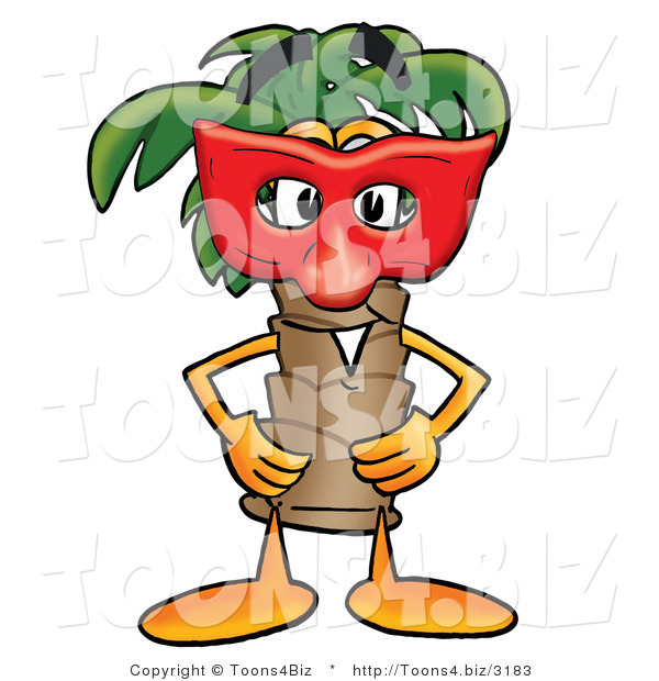 Illustration of a Cartoon Palm Tree Mascot Wearing a Red Mask over His Face