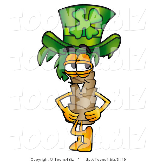Illustration of a Cartoon Palm Tree Mascot Wearing a Saint Patricks Day Hat with a Clover on It