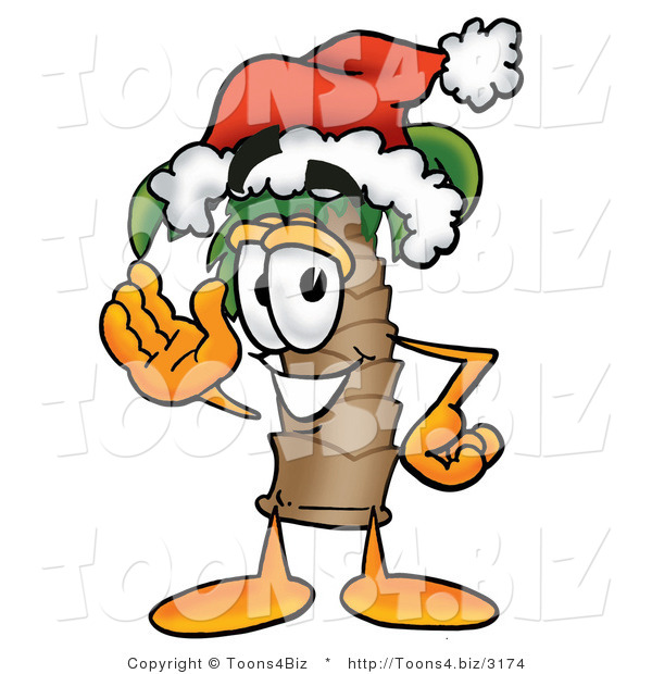 Illustration of a Cartoon Palm Tree Mascot Wearing a Santa Hat and Waving