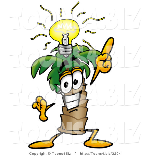 Illustration of a Cartoon Palm Tree Mascot with a Bright Idea