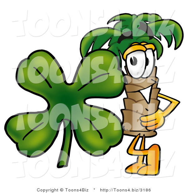 Illustration of a Cartoon Palm Tree Mascot with a Green Four Leaf Clover on St Paddy's or St Patricks Day