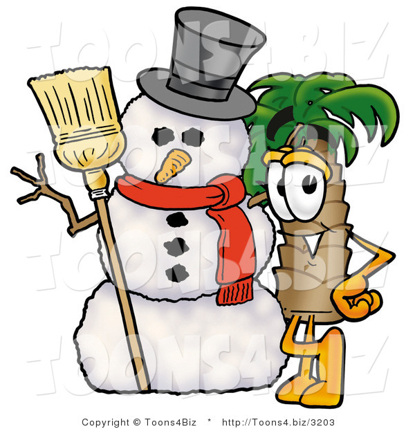 Illustration of a Cartoon Palm Tree Mascot with a Snowman on Christmas