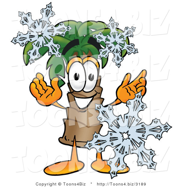 Illustration of a Cartoon Palm Tree Mascot with Three Snowflakes in Winter