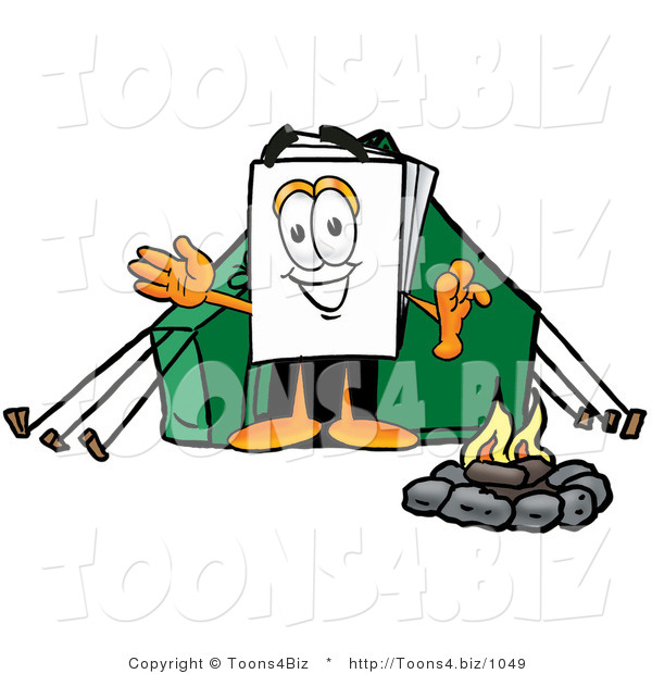 Illustration of a Cartoon Paper Mascot Camping with a Tent and Fire