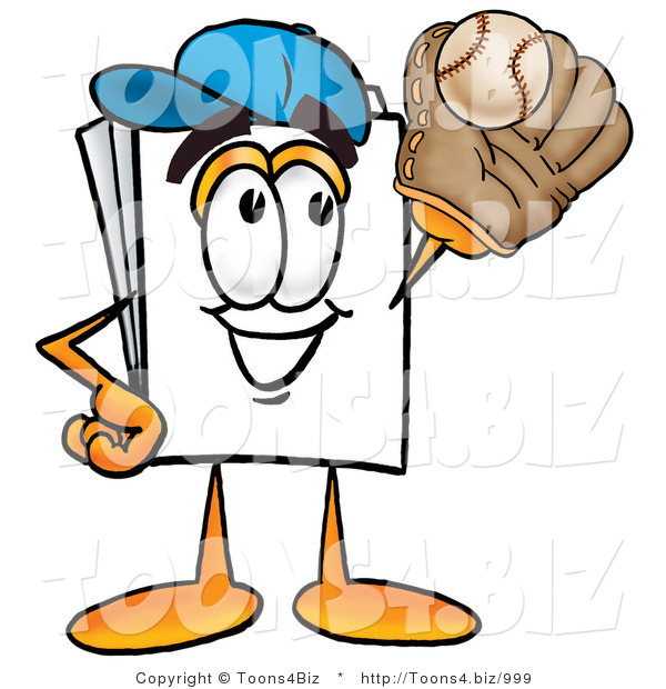 Illustration of a Cartoon Paper Mascot Catching a Baseball with a Glove