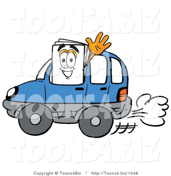 Illustration of a Cartoon Paper Mascot Driving a Blue Car and Waving