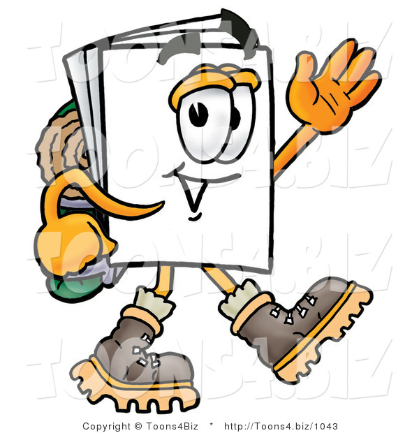Illustration of a Cartoon Paper Mascot Hiking and Carrying a Backpack
