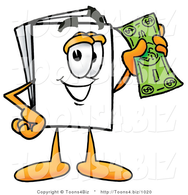 Illustration of a Cartoon Paper Mascot Holding a Dollar Bill